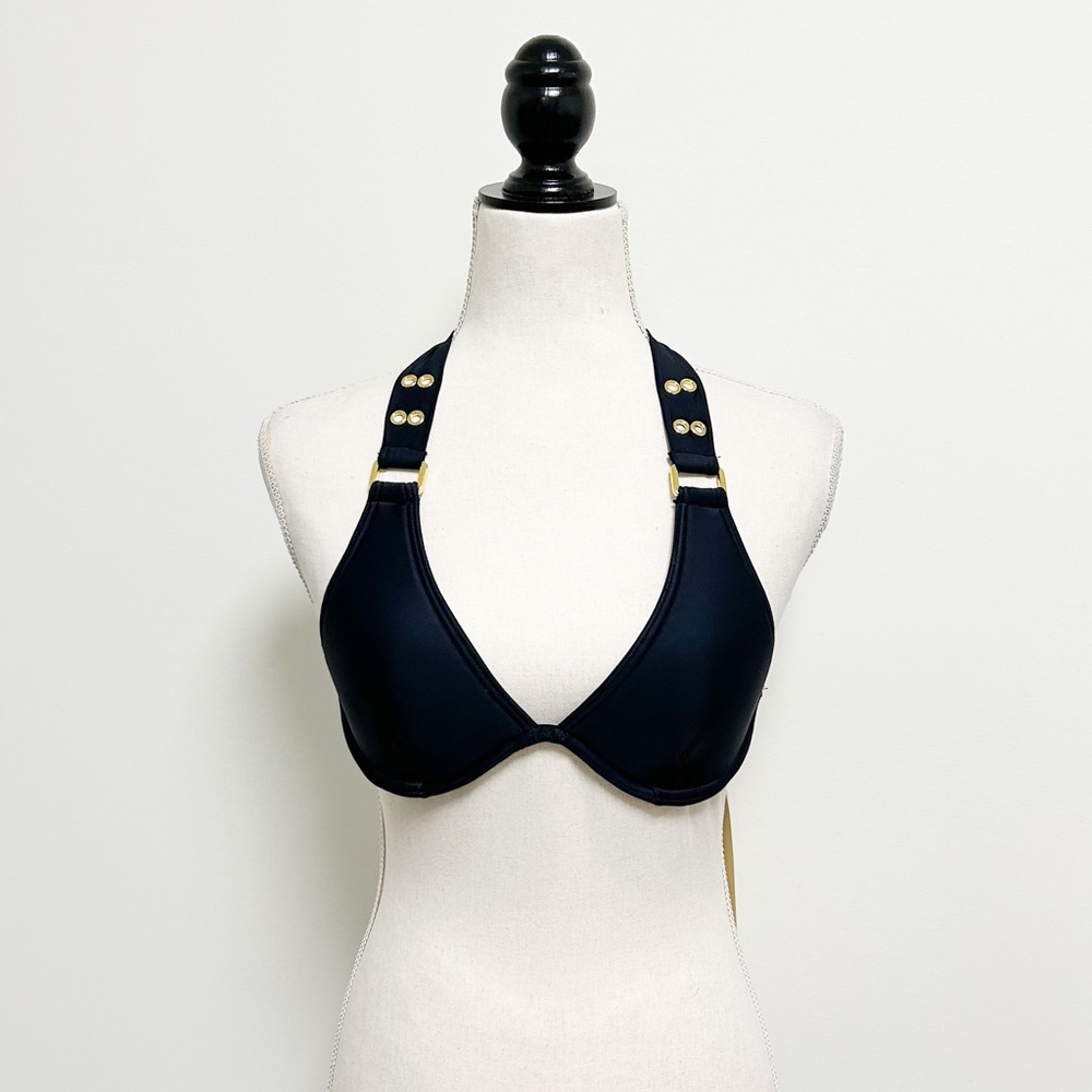 Cyn & Luca Black Halter Underwire Padded Bikini Top NWT Small Gold Tone Rivets